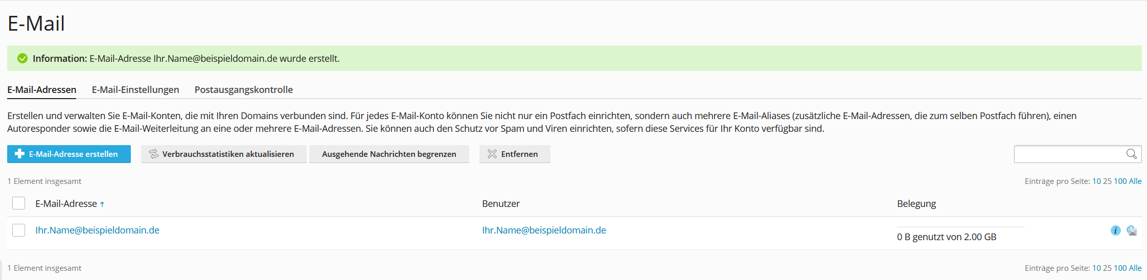 Joomla100 - Anleitung: nach dem Anlegen Ihres Postfachs sehen Sie in der Übersicht die wichtigsten Daten Joomla100 - Anleitung: nach dem Anlegen Ihres Postfachs sehen Sie in der Übersicht die wichtigsten Daten