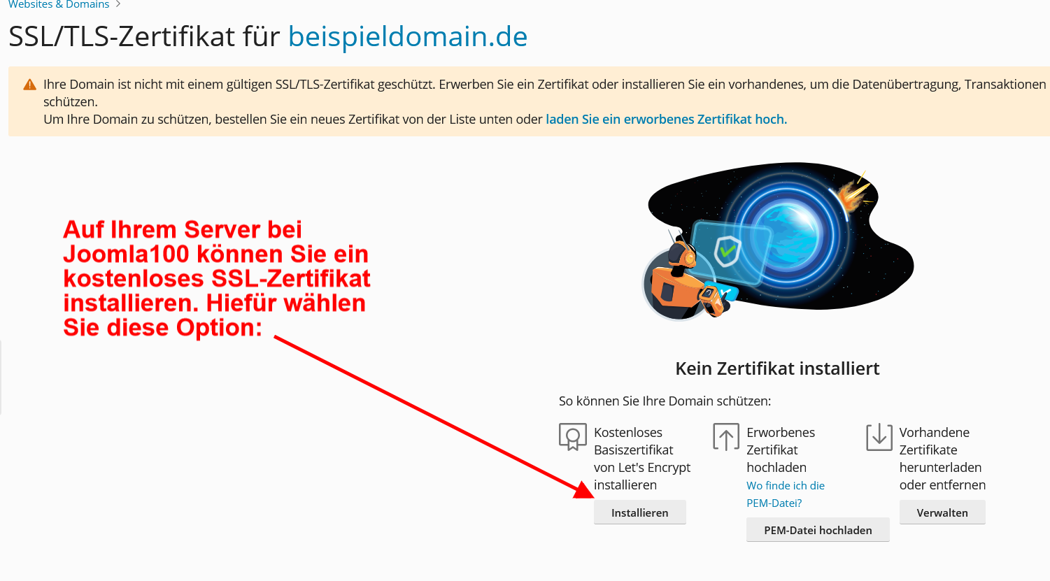 Joomla100 - Anleitung:  so geht es bei der Installation Ihres SSL-Zertifikats weiter Joomla100 - Anleitung:  so geht es bei der Installation Ihres SSL-Zertifikats weiter