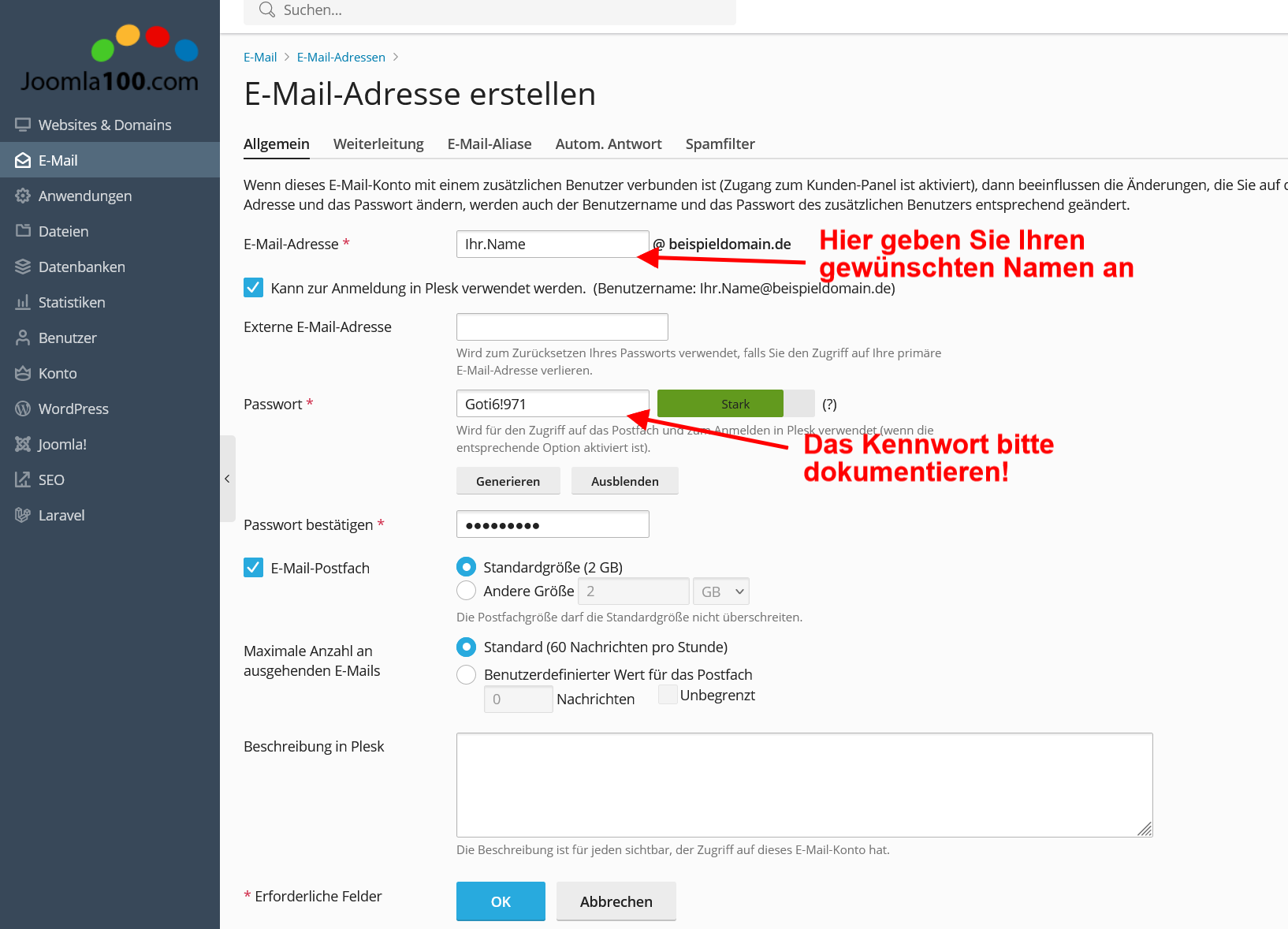 Joomla100 - Anleitung: Optionen beim Anlegen Ihres Postfachs Joomla100 - Anleitung: Optionen beim Anlegen Ihres Postfachs