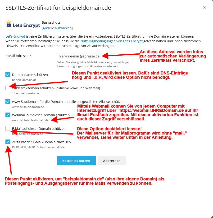 Joomla100 Anleitung: Hier sehen Sie, welche Optionen bei der Ausstellung des Zertifikats aktiviert und deaktiviert sein sollen Joomla100 Anleitung: Hier sehen Sie, welche Optionen bei der Ausstellung des Zertifikats aktiviert und deaktiviert sein sollen
