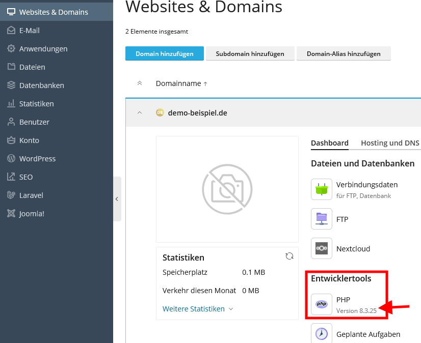 Die aktuelle PHP-Version Ihrer Webseite sehen Sie in Ihrem plesk-Kundencenter unter Webseiten & Domains im Reiter "Dashboard" Joomla100.com - Die für Ihre Seite aktive PHP-Version in Ihrem Kundencenter