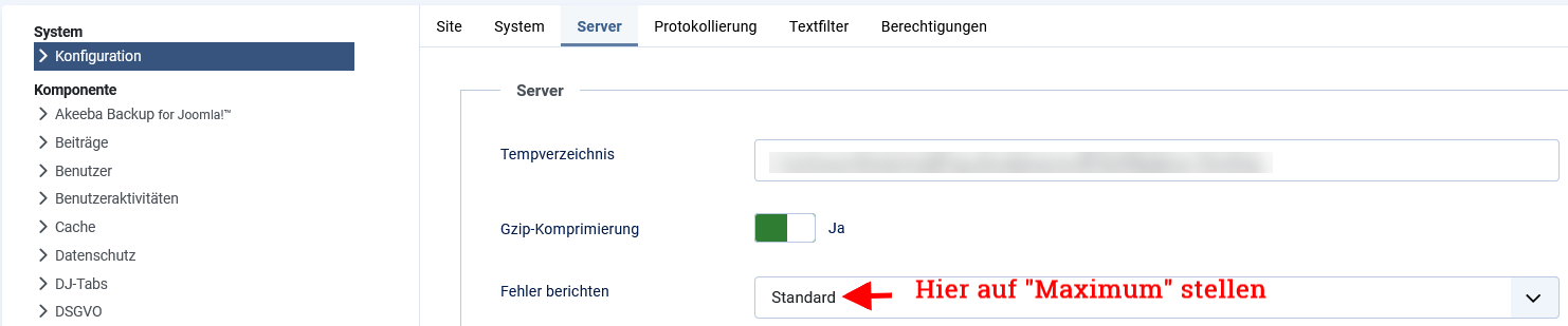 Über diese Maske stellen Sie die PHP-Fehlermeldungen in Joomla auf Maximum. Dies dient zur Fehleranalyse und zum identifizieren von inkompatiblen Erweiterungen. PHP-Fehlermeldungen in der Konfiguration von Joomla auf Maximum stellen