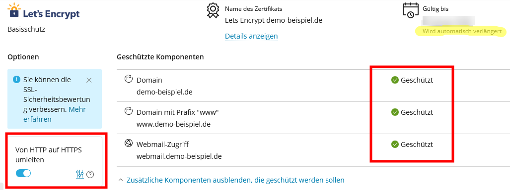 Joomla100 - Anleitung: Abschluss der SSL-Installation - hier sehen Sie, welche Optionen abgesichert sind und ob Ihre Domain automatisch von http auf https umschaltet