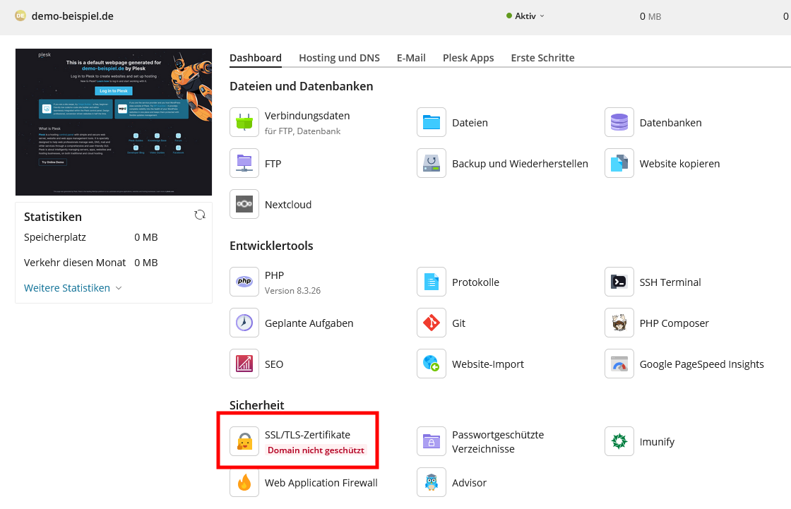 Im Dashboard von plesk sehen Sie auch, ob Ihre Domain mit einem SSL-Zertifikat geschützt ist. Falls nicht, erscheint diese Warnung bezüglich SSL-Verschlüsselung. Joomla100 - Ansicht des Dashboards in Ihrem plesk-Kundencenter