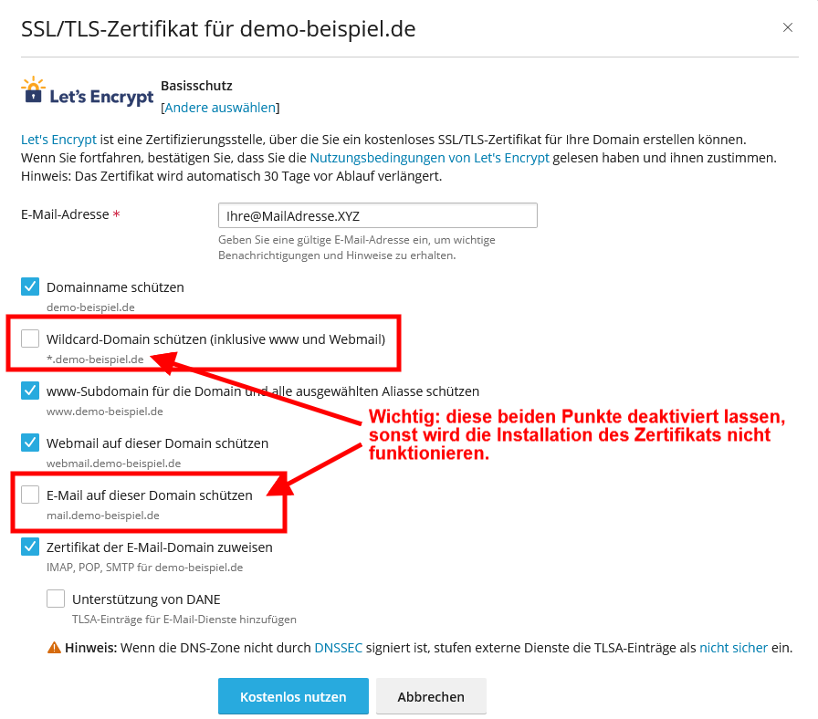 Optionen bei Installation Ihres SSL-Zertifikats. Die markierten Optionen unbedingt deaktiviert lassen, da es sonst zu Problemen bei der Zertifikatsausstellung kommt. Joomla100 Anleitungen: diese Optionen stehen Ihnen bei der Installation des SSL-Zertifikats zur Verfügung